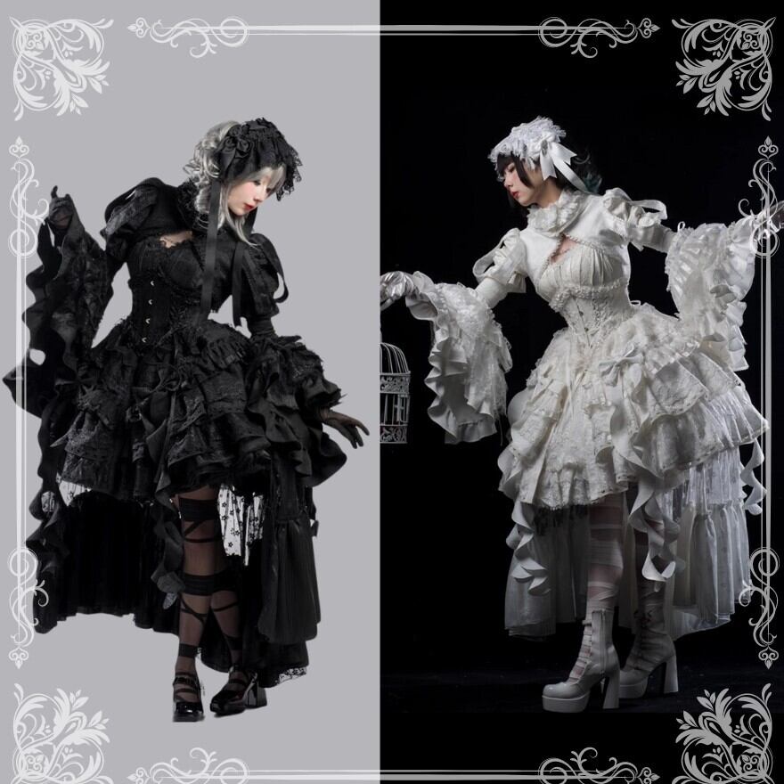 ゴスロリ 重厚ジャガード多段フリルドレス コルセット仕様 黒白｜納期4