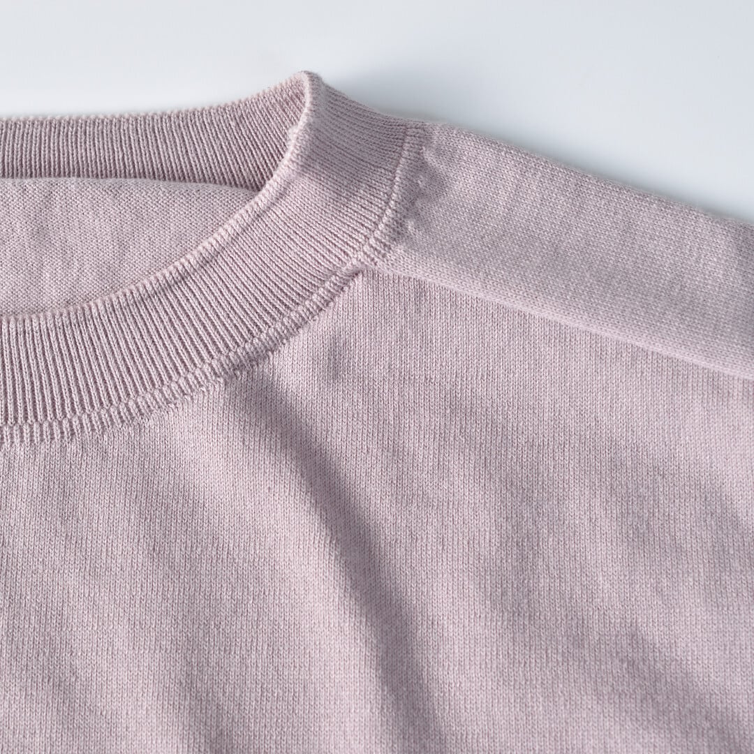 LinenYa リネンや クルーネック7分袖コットンニット・ピンクグレイ 柔らかく着心地の良いリンキングニットです
