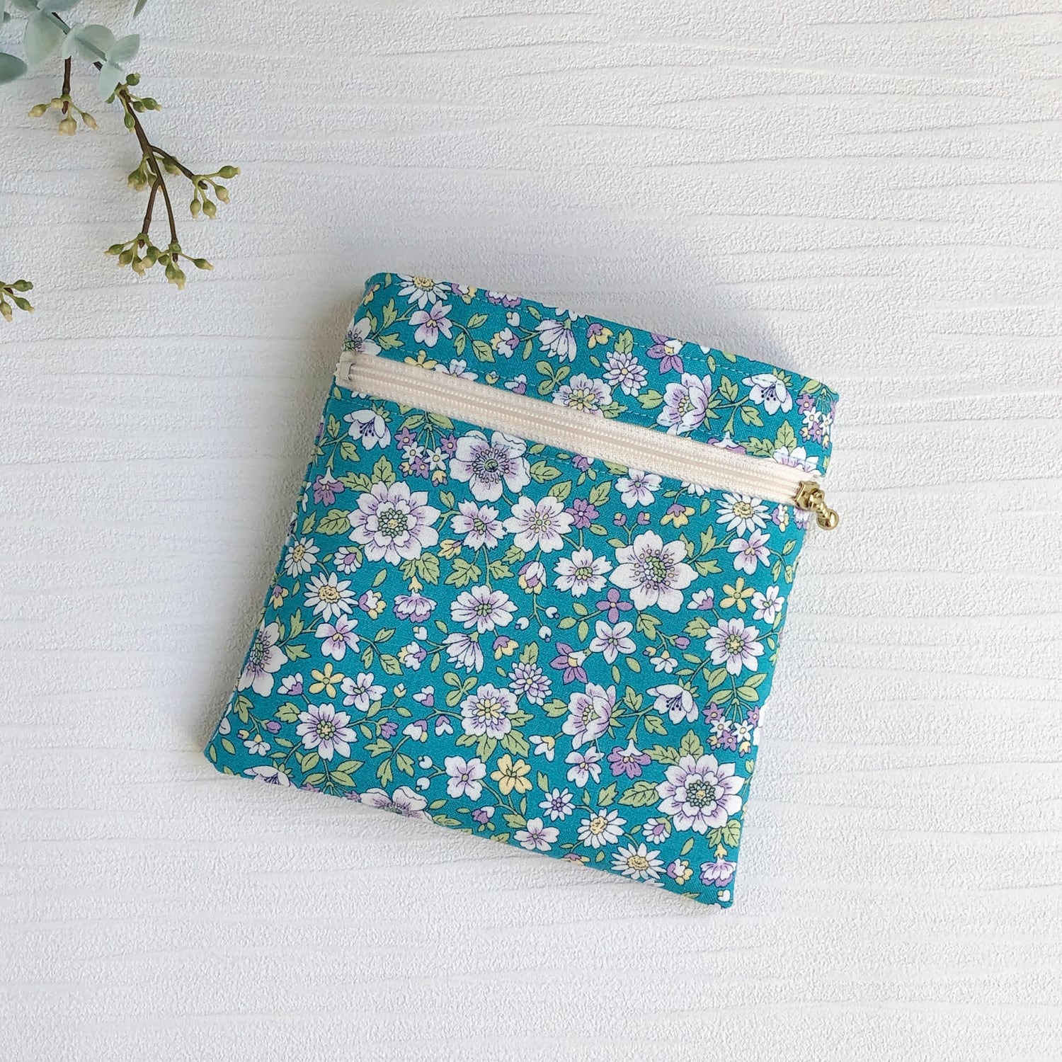 ファスナー付き】大人かわいい 移動ポケット（花柄グリーン・ふたなし