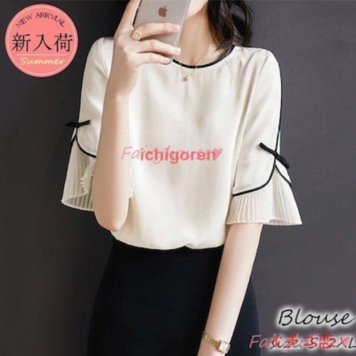 ブラウス レディース 40代 春夏新作 オシャレブラウス 白シャツ 半袖トップス リボン プリーツ切り替え ブラウス 大人上品 通勤OL ゆったり シャツ30代 50代