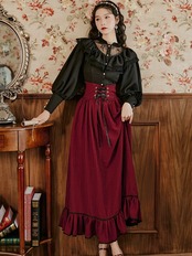 【0208】Elegant Black Red Long Sleeve 2 Piece Set