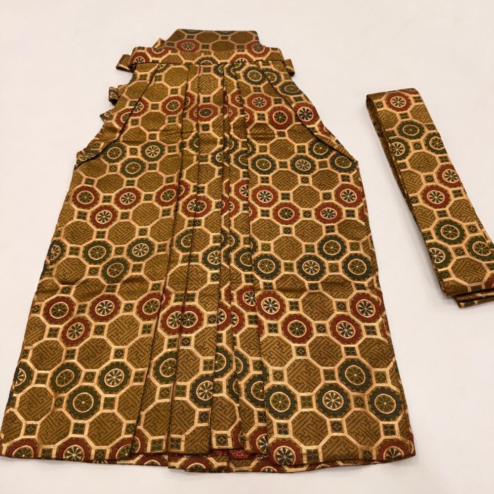 男児 袴 紐下59cm 化繊 茶 金 七五三 子供 着物 リメイク 中古 5782