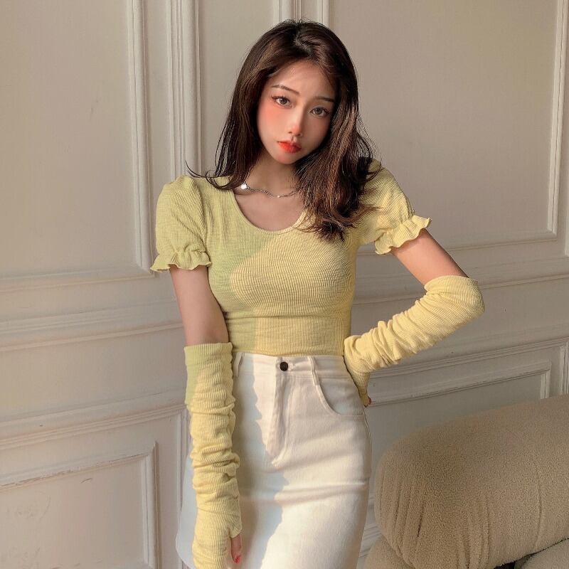 サマースタイルラウンドネックスリーブスリムソリッド カラー薄手ニットトップス レディース 夏物 Oネック ソリッドカラー ハンチェンe56288158929