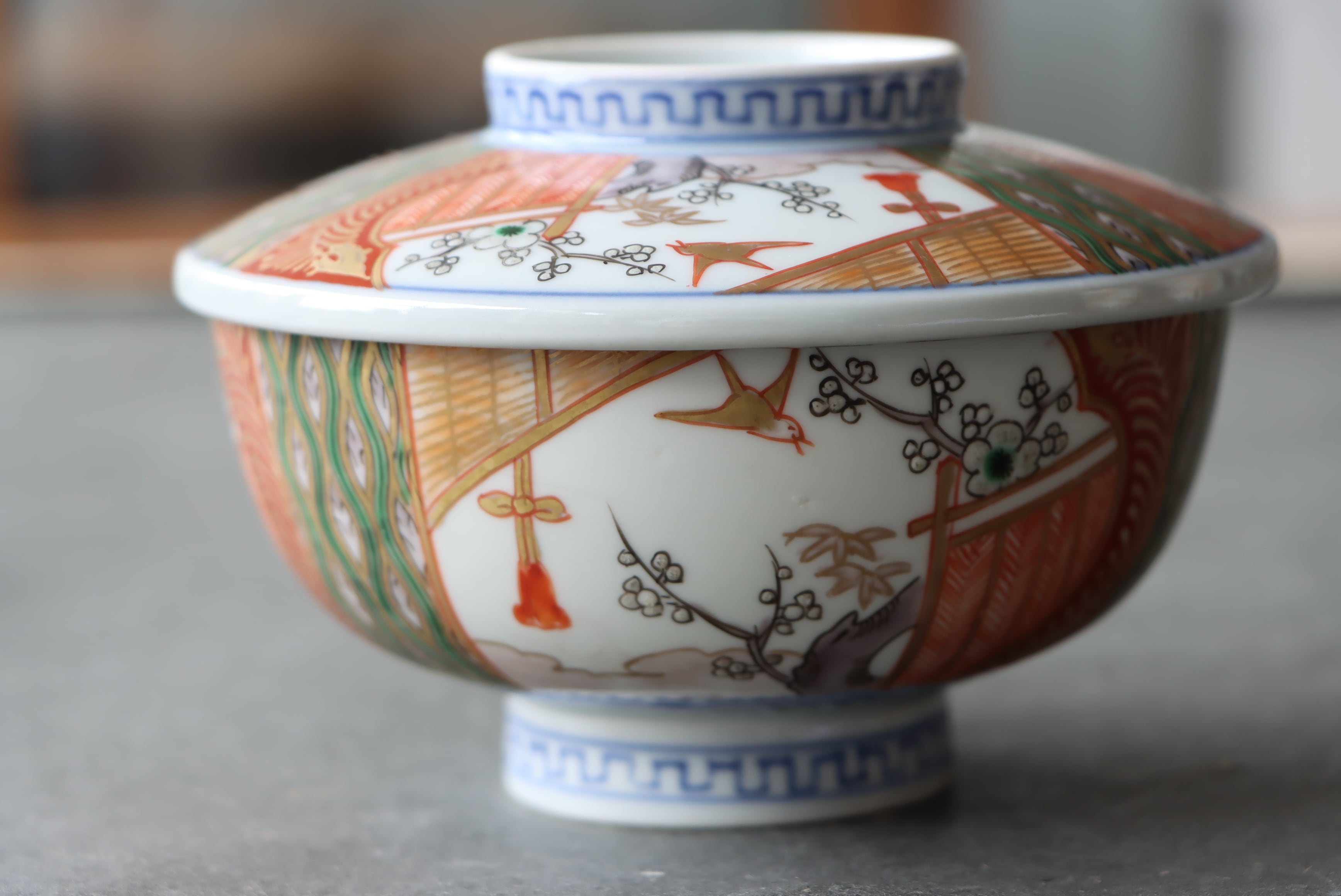 伊万里焼 色絵 花鳥文 蓋茶碗 大 通りもの/Imari covered bowl L | (有
