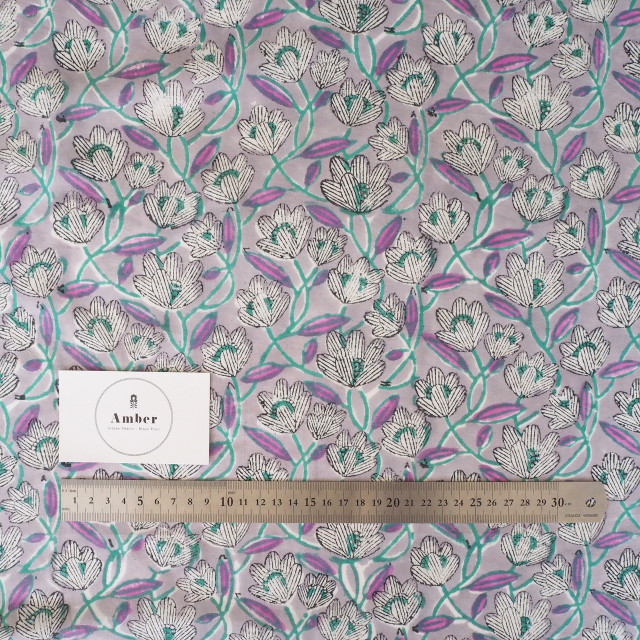 ブロックプリント生地【50cm単位】インド綿 花柄 グレー×紫 #23351-PR1