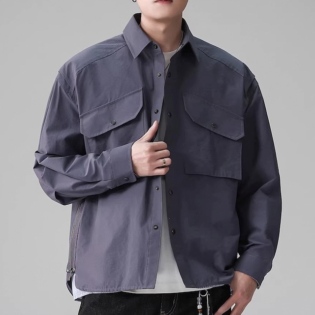 shirt color hip-length long sleeve side zip shirt ◇2color H1041