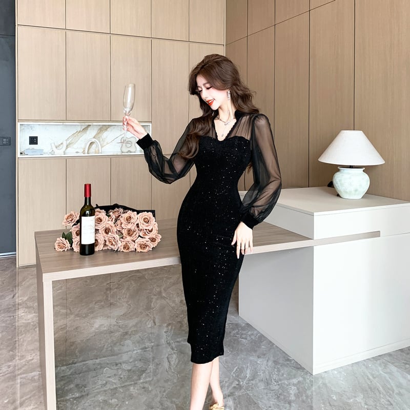 膝丈ドレス キャバドレス セクシー レトロ風 長袖 チュール スパンコール ベルベット スリット入り ボディコン JC2-WDS5570