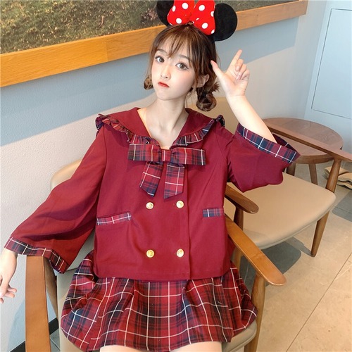 ✞ オータムネイビー♡チェック柄ブラウス スカート ロング スウィート 秋物 ✞ゴスロリ SM ミリ 甘ロリ クラロリ 和ロリ エレガント 黒ロリ 姫ロリ 華ロリ BB-BB80077697233