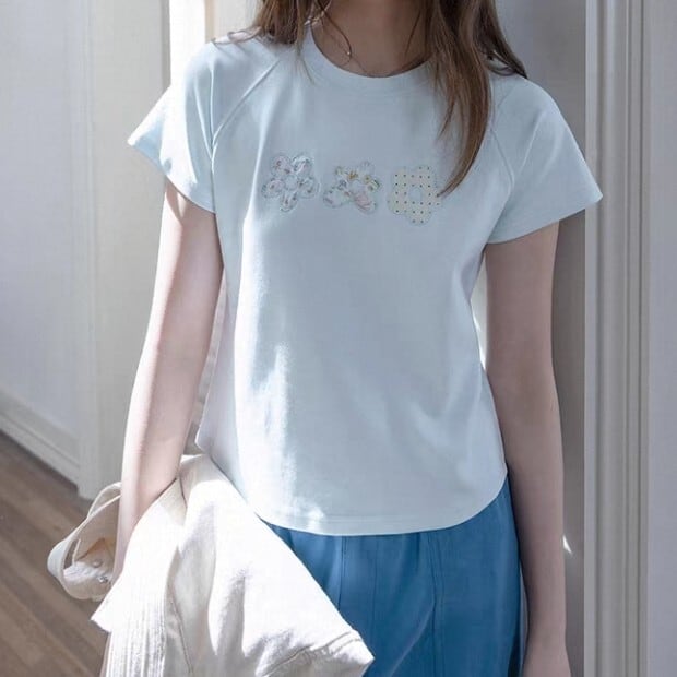 アップリケ風 花柄 半袖 Tシャツ L1359