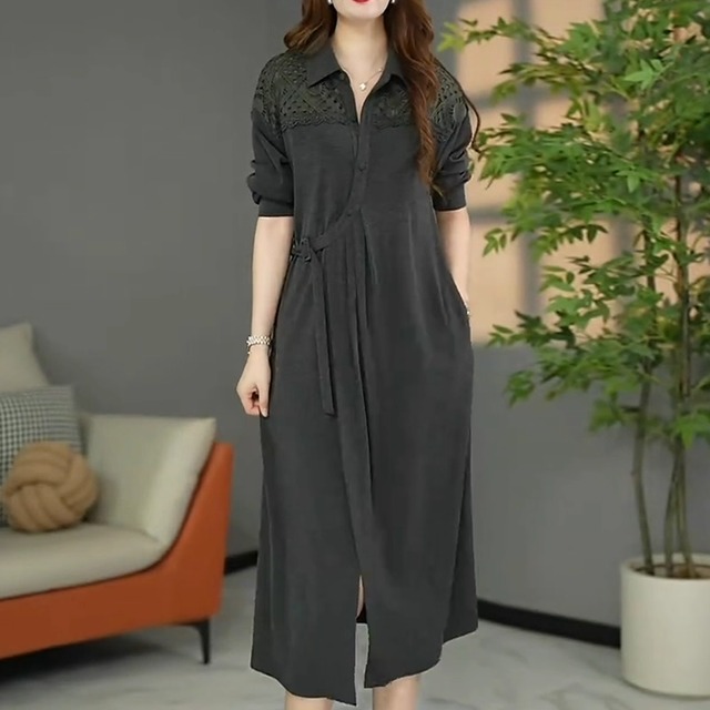 【送料無料】 ロングワンピ ひざ丈 ミモレ ゆったり 長袖 Vネック Aライン フレア プルオーバー ベルト エレガント 無地 秋 レディース 女性用 ママ 20代 30代 40代 デート お出かけ 女子会 お呼ばれ 休日 お茶会 授業参観 着回し 普段使い ファッション コーデ スタイル 楽ちん 体型カバー 美脚 脚長 定番 着痩せ 垢抜け ママ服 グレー 大人カラー モノトーン