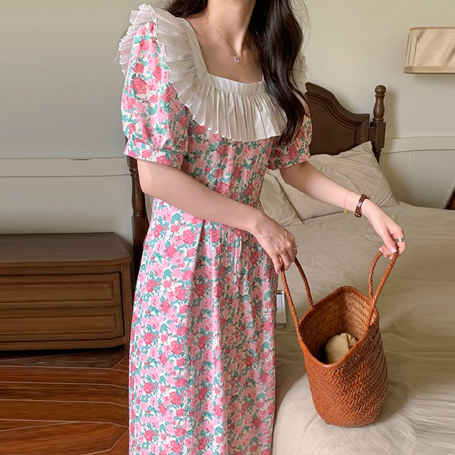 レトロ風 ワンピース 半袖 春夏 かわいい ロング aライン シャツワンピース aライン Aライン フレア ミモレ ミモレ丈 ロング ロング丈 7分丈 ミディアム丈 ミドル丈 ボリューム袖 袖コンシャス スクエアネック 襟付き 大きな襟 ドールカラー ワイドカラー でか襟 ビッグカラー フリルカラー フレア セミフレア Aライン フリル ウエストマーク ハイウエスト ピンク パステルカラー くすみカラー 春カラー S M L 小さいサイズ 大きいサイズ ゆったり ゆる かわいい 大人可愛い カジュアル