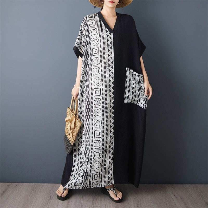 V-NECK SHORT SLEEVE CONTRAST LONG LINEN DRESS M-17263