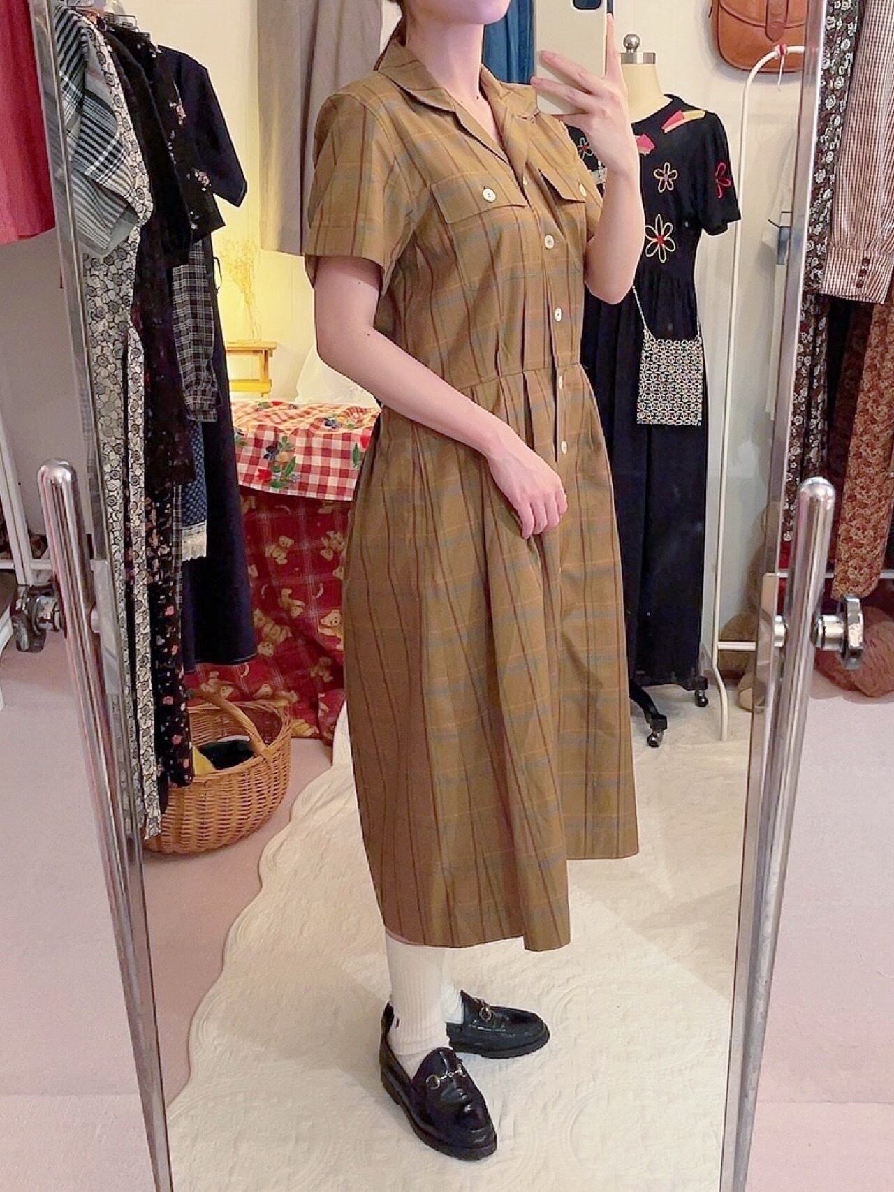 beige check open collar one-piece