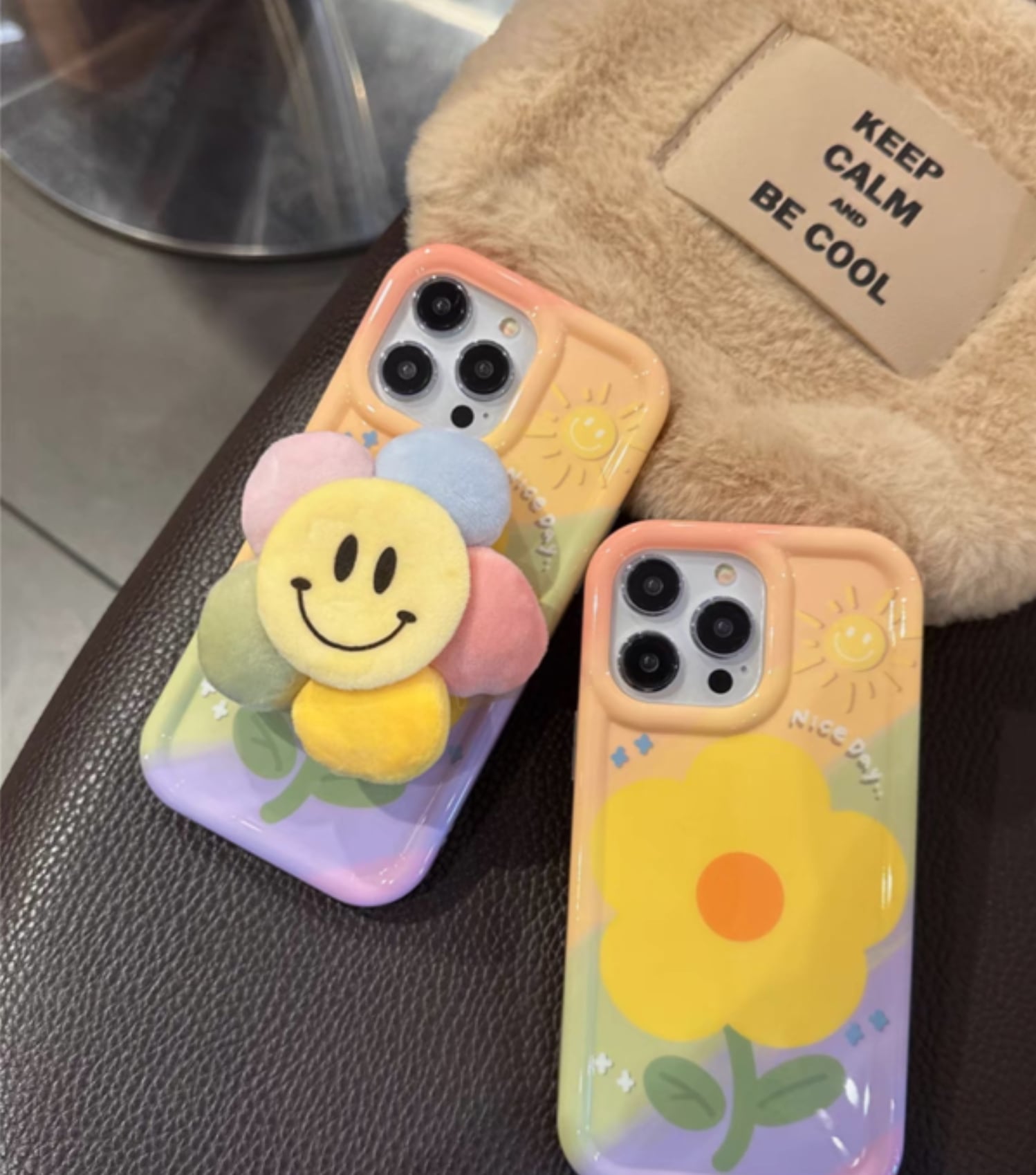 iPhoneケース iPhone14 iPhone13 グリップ付き にこちゃん スマイル 花