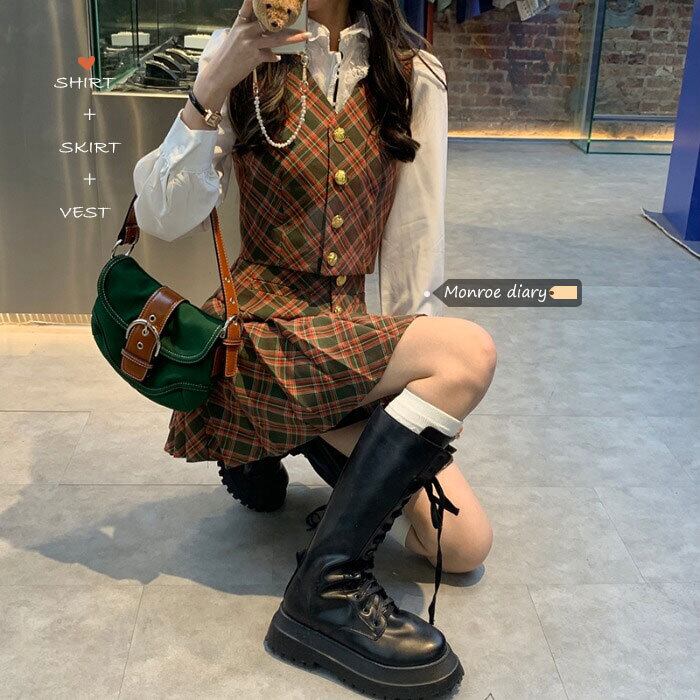 スタンダード格子柄スカート Aラインショートウィンターセーター オータムハイウェストウェストプリーツ レトロ 秋物 冬物 モンロー65687661865
