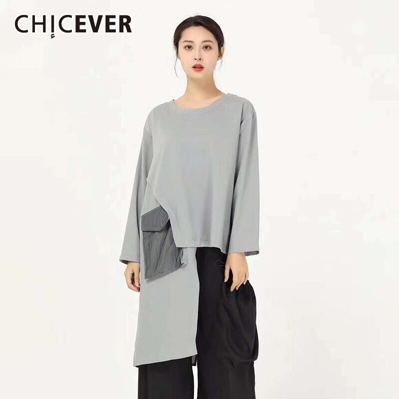 CHICEVER非対称裾Tシャツ女性長袖パッチワークポケット特大Tシャツ2020タイド ロング 6base515497618094