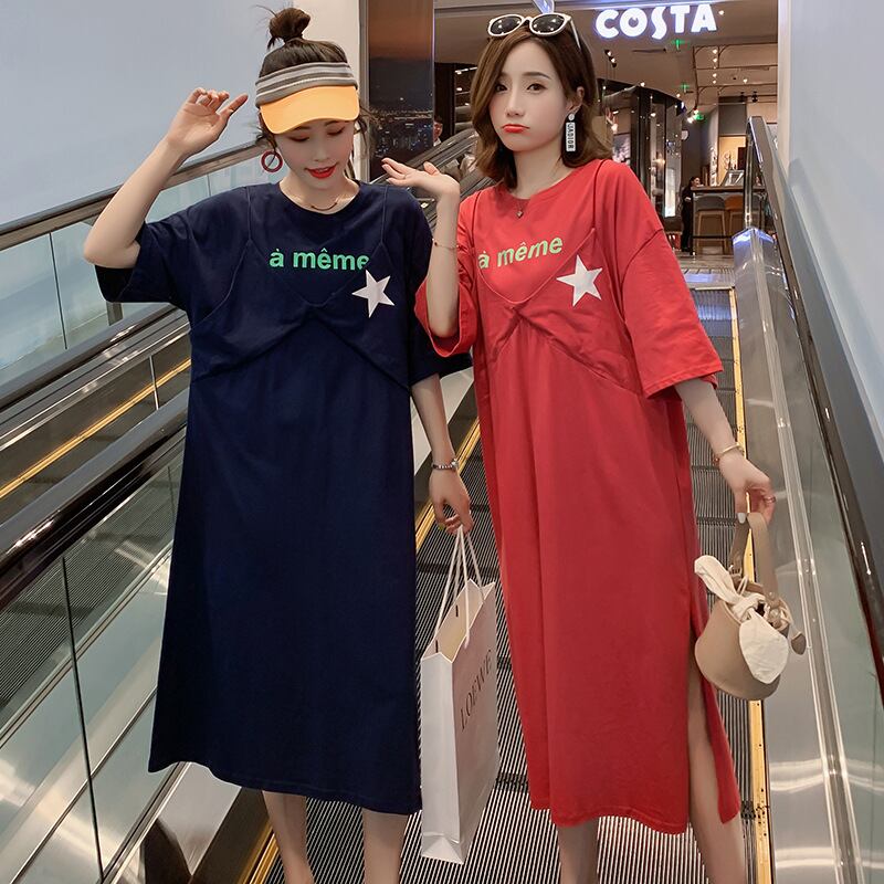 【新作】【送料無料】 新しいマタニティドレスファッションの偽のツーピースプリントルーズマタニティロングドレスのマタニティドレス2019夏バージョン-アリババ サマー 夏物 expec274861126413