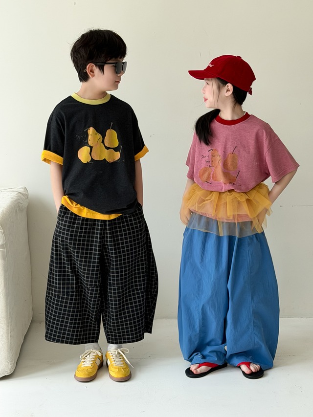 【KID】洋梨プリント配色クルーネック半袖Tシャツ - 14