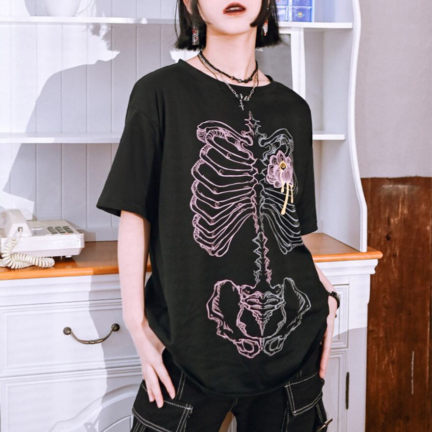 サブカル 服 地雷系 通販 チャイナ風服 チャイナ風服 古怪舎 Tシャツ 半袖トップス オーバーサイズ ドロップショルダー 闇かわいい