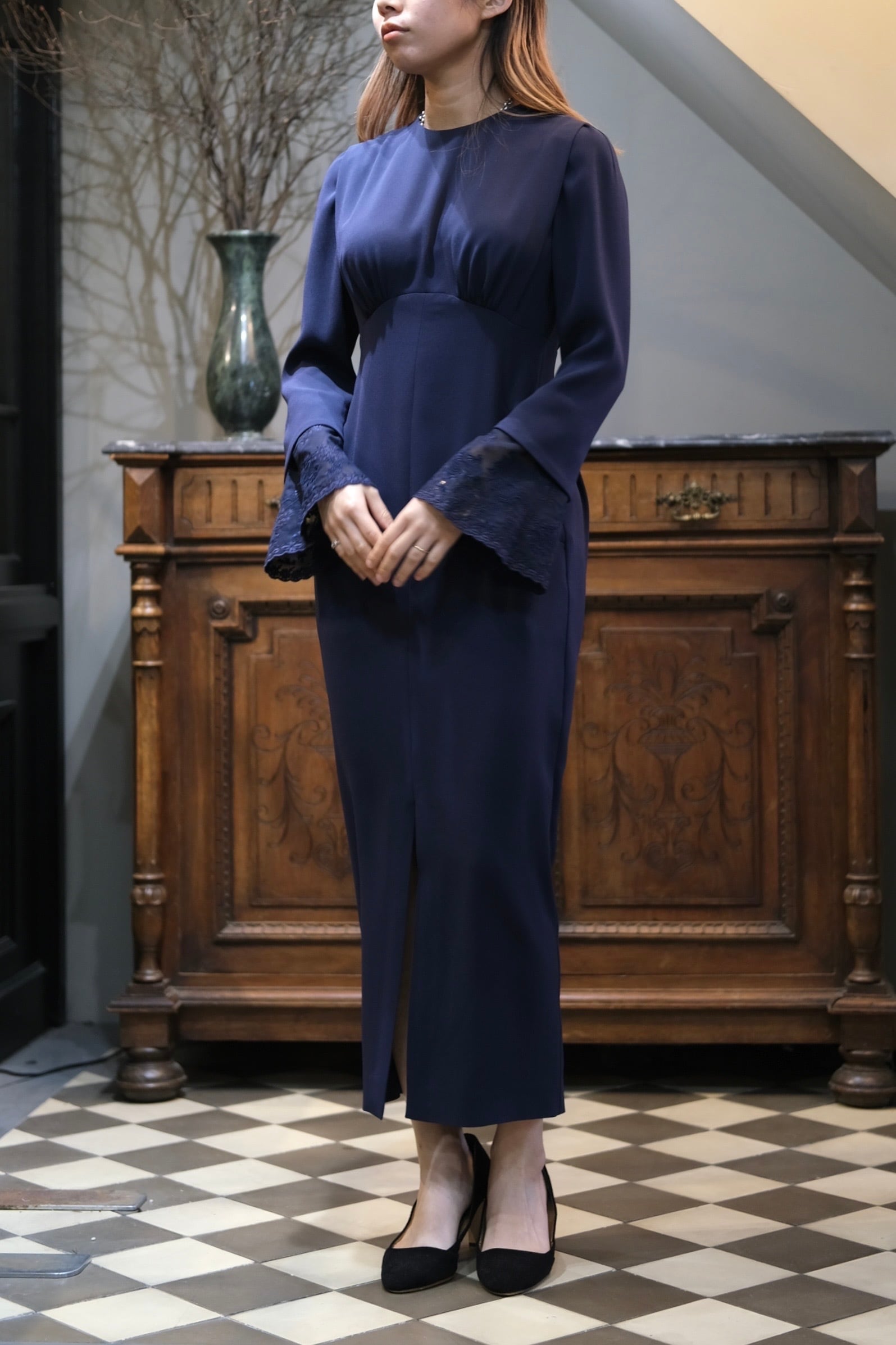 Mame Kurogouchi】Back Satin Crepe Georgette Embroidered Mame Kurogouchi】Back Satin Crepe Georgette Embroidered