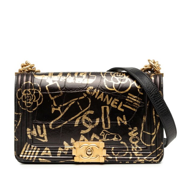 シャネル ボーイシャネル クロコ型押し チェーン ショルダーバッグ ブラック ゴールド レザー レディース CHANEL 【中古】