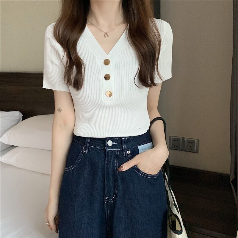 ホワイトVネックTシャツ シャツ スプリングサマートップス 春物 夏物 1号婦人86293219748