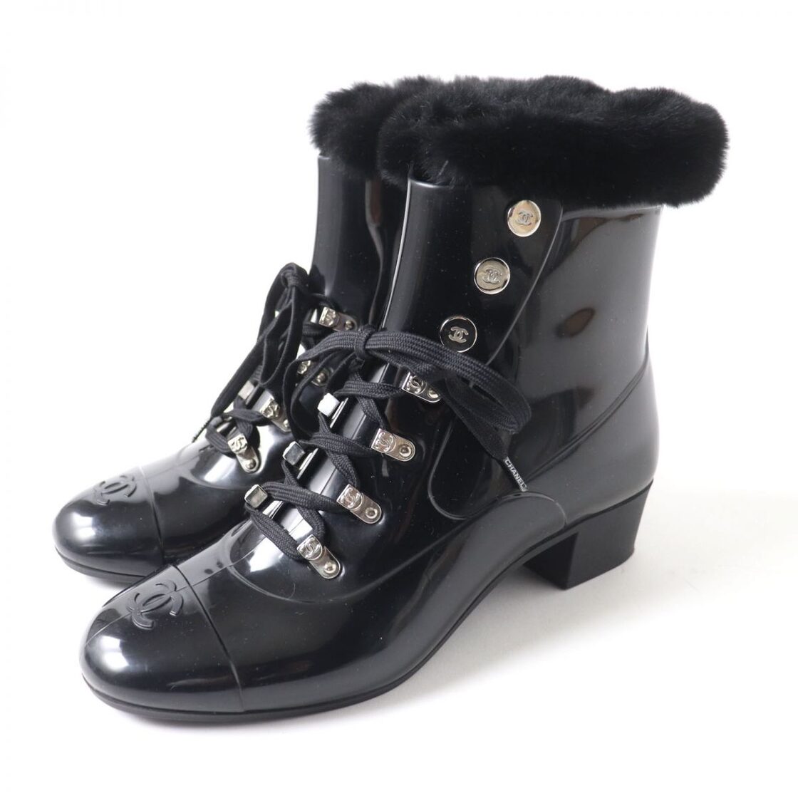 美品☆CHANEL シャネル ココマーク・ファー付き レースアップ レイン 