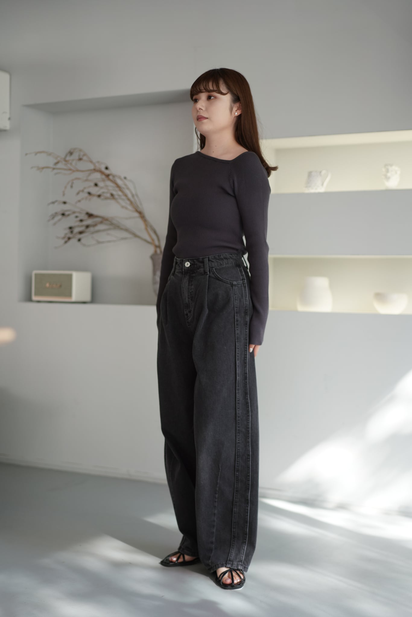 NOMINE side line tuck wide high waist denim pants サイドライン