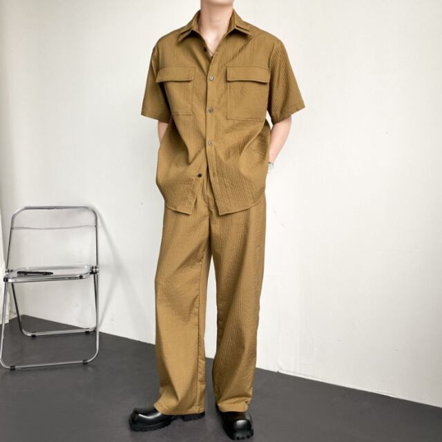 【予約販売】メンズ セットアップ 上下 パンツ 半袖 無地 ブラック キャメル ストリート カジュアル 春夏 韓国 トレンド こなれ感 M/L/XL/2XL/3XL