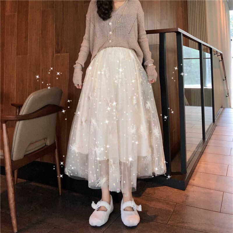 花柄 お花 フラワー刺繍 Aラインホワイト 白メッシュ レース