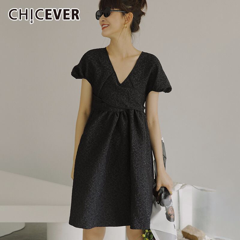CHICEVERバックレスクロス包帯ボウノットドレス女性Vネックパフ半袖ウエストミニドレス2020夏 ショート リボン ハーフスリーブ サマー 夏物 6base578169818783