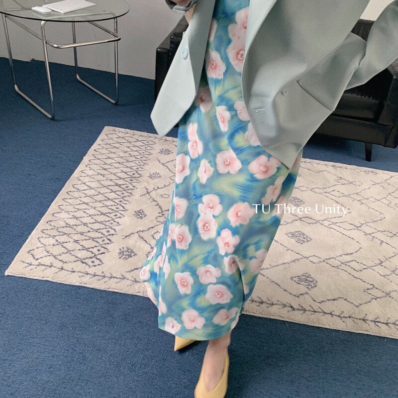 スタンダードFlowerデザイン スカート シングル薄手ドレス ロング レトロ フラワーデザイン ビッグFスモールZ韓国53591683191