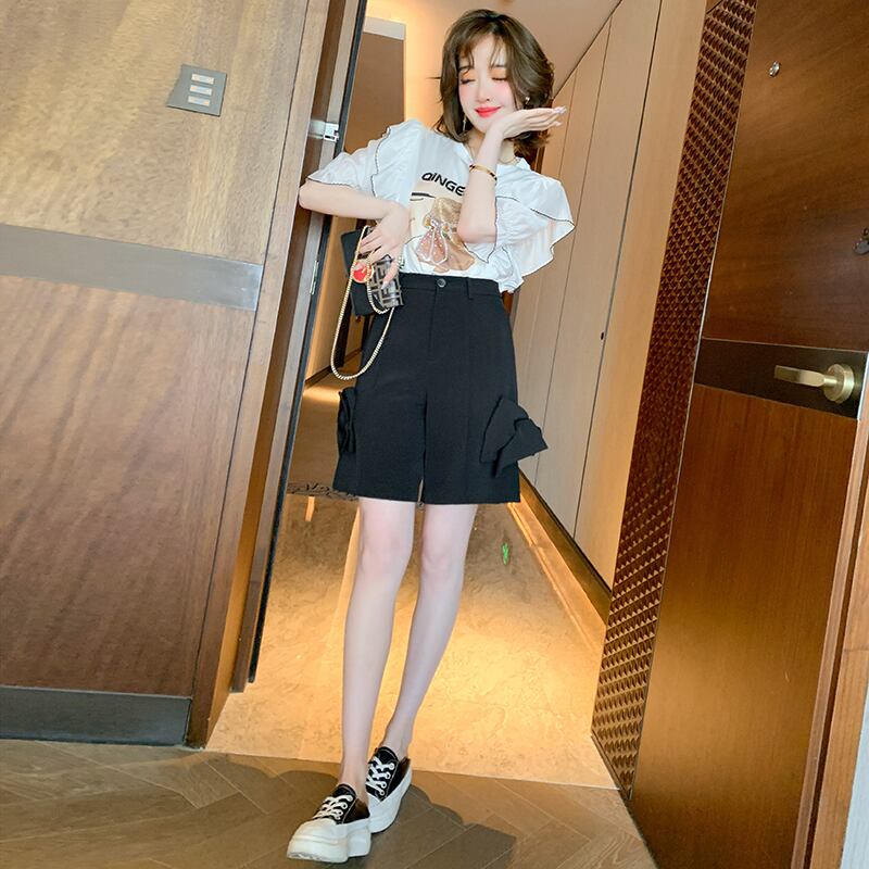 リボンハイウェストウェストソリッド カラーショーツ ブルマー ソリッドカラー MIUCO90688702709