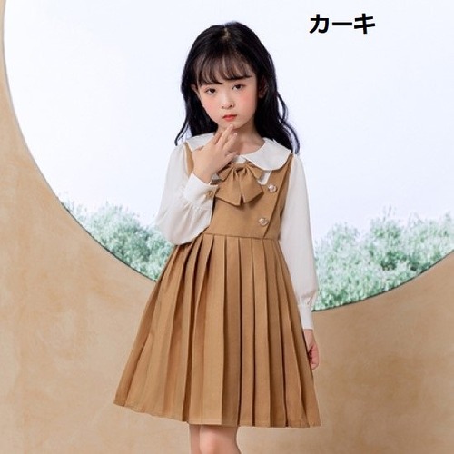 卒園式 子供服 ワンピース 女の子 ガールズ キッズ 入園式 入学式 卒業式 お呼ばれ プリーツスカート 長袖 リボン 襟あり 可愛い フォーマル 膝丈スカート 制服 ボタン ハイウエスト ワンピース