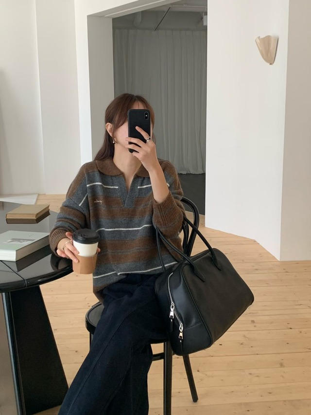 (予約) signature / Swan boarder collar Knit 2color