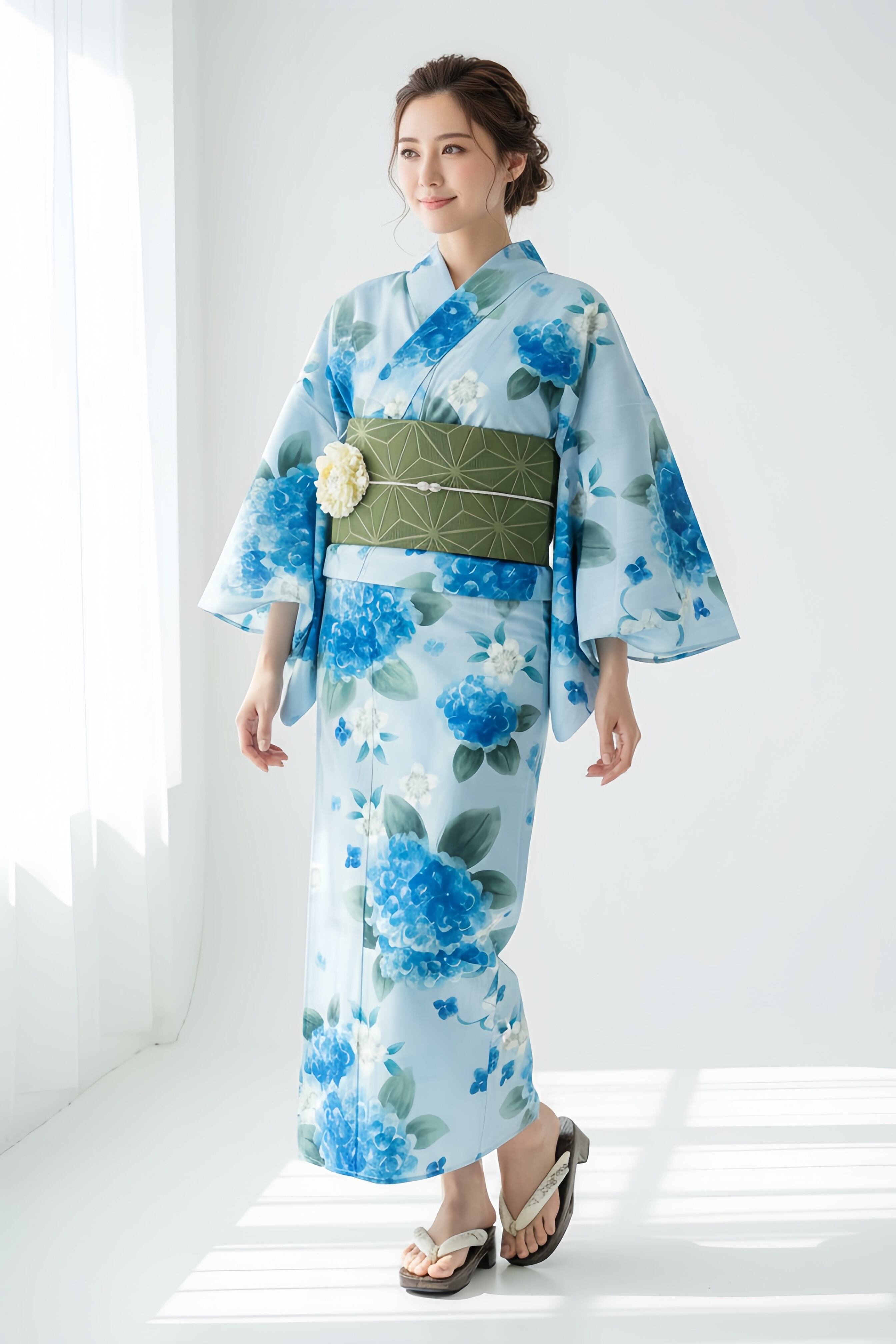 浴衣ジェンヌ 浴衣5点セット 水彩画調の紫陽花や菖蒲 ライトブルー 半幅帯