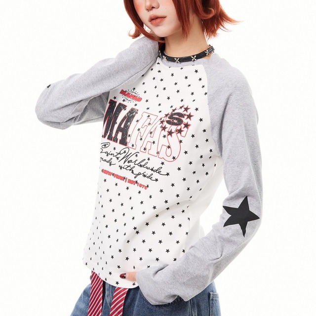 マルチスタープリントレタリングラグランTシャツ 2col   R02564