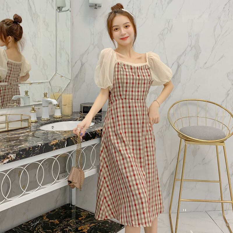 【新作】【送料無料】 マタニティウェア2020夏の新しい格子縞のスクエアカラーの小さな新鮮なドレス、トレンディな母親のミドル丈で年齢を減らすマタニティドレス-アリババ サマー 夏物 スクウェア expec299012505680