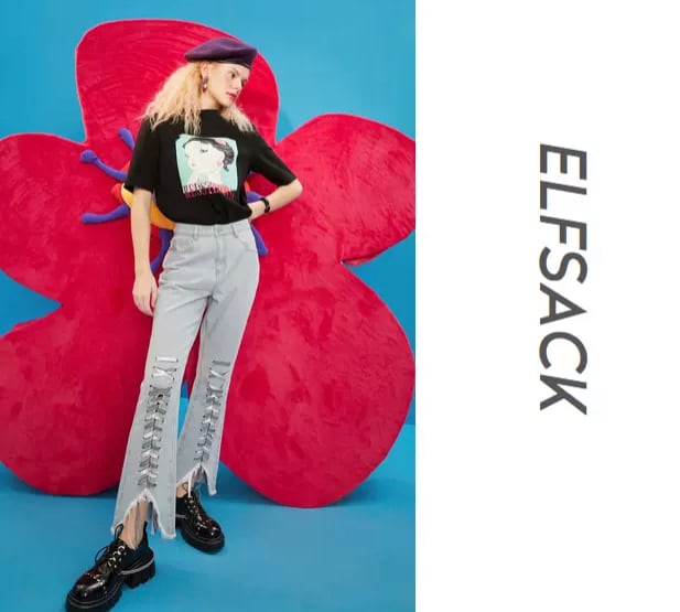 ELF SACK 人気◆オシャレダメージ ジーンズ ワイドパンツ お洒落 ME:I SHIZUKU様 小沢真珠様 宇都宮まき様 ご着用<ELF SACK