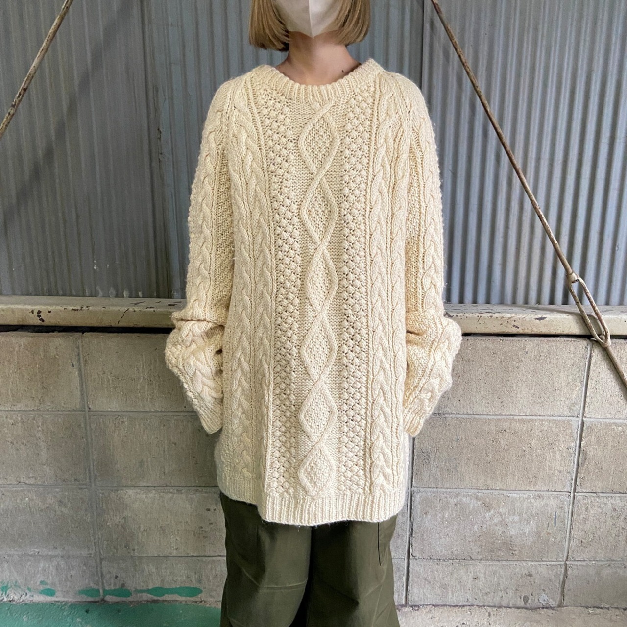 ハンドニット ケーブル ウールニットセーター メンズL相当 古着 