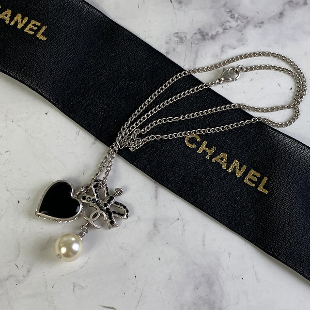 【最終処分SALE】CHANEL シャネル ココマーク パールハートコメ刻印 ネックレス ブラック K-5985