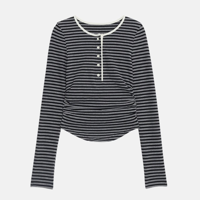 stripe button cut-and-sew top　J00300