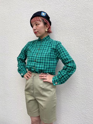 VINTAGE 50's green check round collar blouse