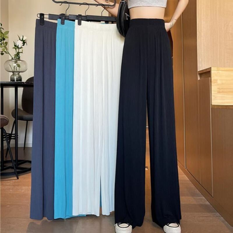 サマーブルーカジュアルロングパンツ 薄手ハイウェストウェストルーズ 夏物 1号婦人58996277194