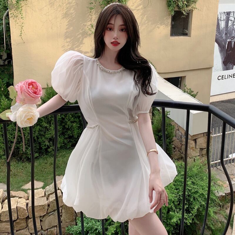 メッシュスリーブスカート サマースタイルウェスト薄手Aラインドレス レディース ストリート 夏物 ハンチェンe21467665168