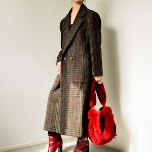 90s Irish wool tweed plaid long coat