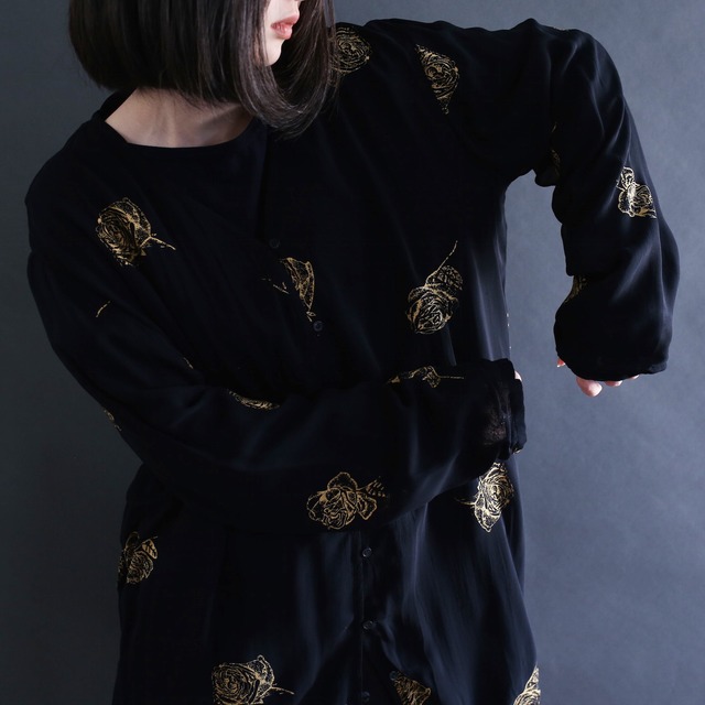 rose art pattern loop button l/s black mode no-collar shirt