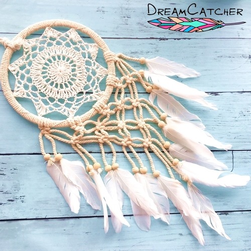 【バリ島直輸入】ネイティブ ドリームキャッチャー（マクラメ×生成り）フェザー