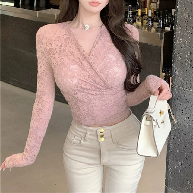 トップス 優しい レース Vネック ピンク ブラック