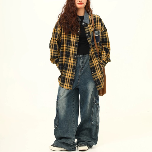 yellow check denim point shirt　イエローチェック柄デニムポイントシャツ　J2173